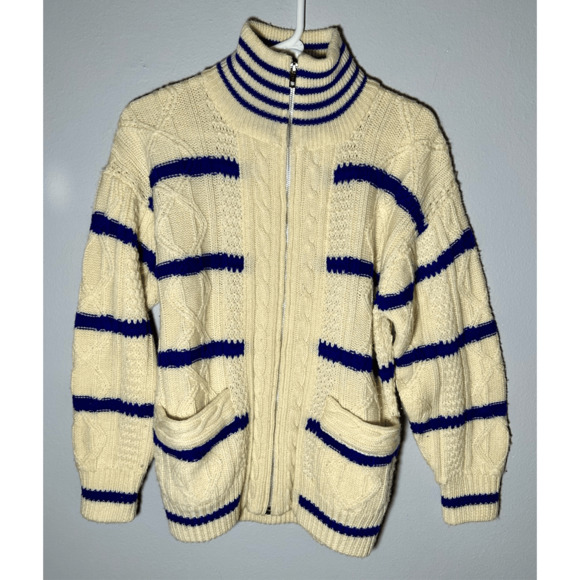 Vintage Izod 100% wool sweater Full Zip cable knit fisherman SZ Medium WPL 1100 - Picture 1 of 8